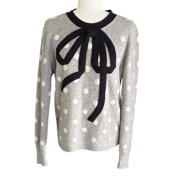 J. Crew Heather Gray Cashmere Navy Bow Detail Polka Dot Crewneck Sweater - M - Picture 14 of 14